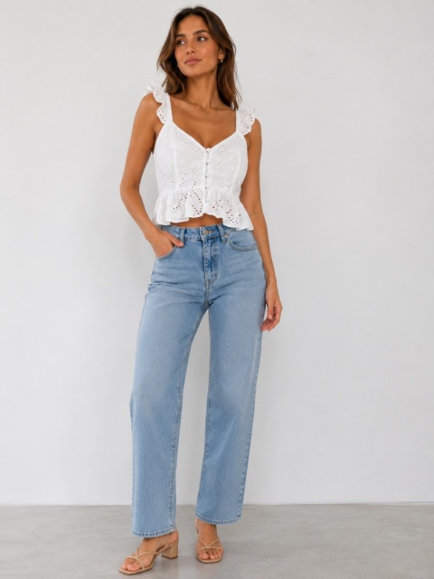GUESS Biały Top Boho Ażurowy z Falbankami i Haftem – Rozmiar L