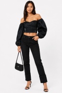 GUESS Czarna bluzka crop off shoulder z bufiastymi rękawami L