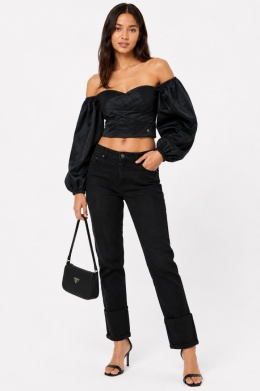 GUESS Czarna bluzka crop off shoulder z bufiastymi rękawami L