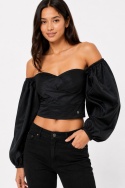 GUESS Czarna bluzka crop off shoulder z bufiastymi rękawami L
