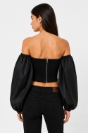 GUESS Czarna bluzka crop off shoulder z bufiastymi rękawami L