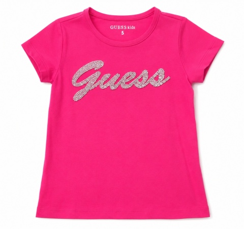 GUESS Kids Dziewczęcy T-shirt Różowy z Kryształkami Logo Rozmiar 5
