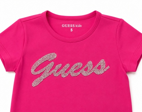GUESS Kids Dziewczęcy T-shirt Różowy z Kryształkami Logo Rozmiar 5