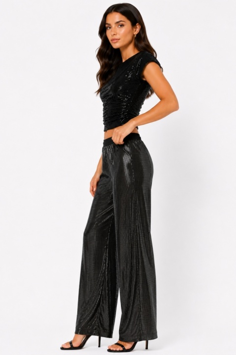 GUESS Margot Long Pants – błyszczące spodnie damskie glamour, czarne, rozmiar M