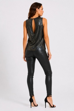 GUESS Margot Sequins Top – elegancki top z cekinowym efektem, czarno-srebrny, rozmiar S