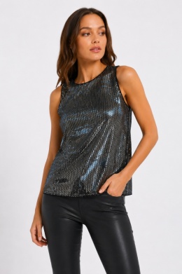 GUESS Margot Sequins Top – elegancki top z cekinowym efektem, czarno-srebrny, rozmiar S