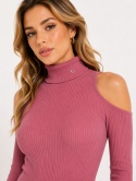 GUESS Prążkowane Body z Golfem i Odkrytymi Ramionami Różowe – Rozmiar L