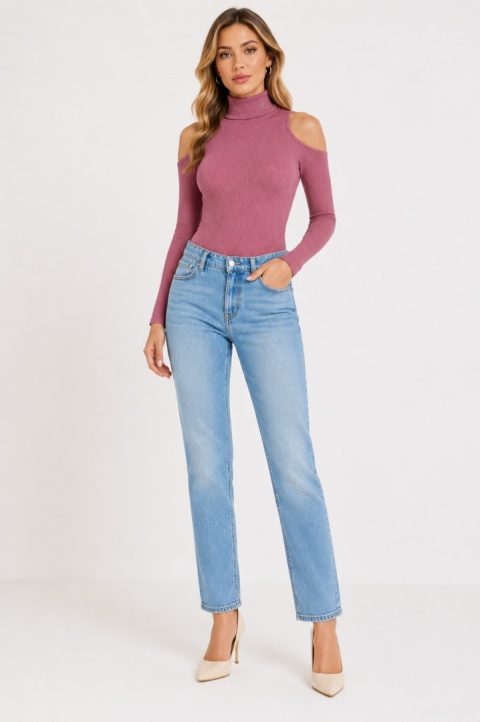 GUESS Prążkowane Body z Golfem i Odkrytymi Ramionami Różowe – Rozmiar L
