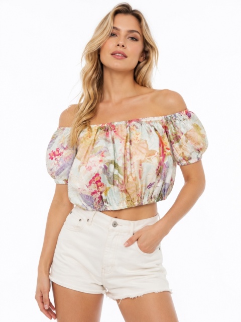 Guess Damska lniana bluzka hiszpanka w kwiaty 100% len r. XL (EU 46)