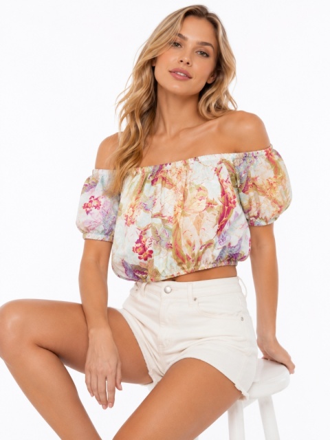 Guess Damska lniana bluzka hiszpanka w kwiaty 100% len r. XL (EU 46)