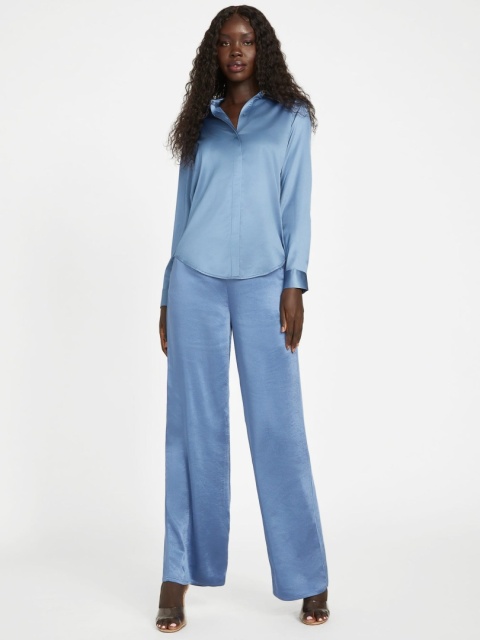 GUESS GIA Palazzo Pant – satynowe spodnie damskie granatowe, rozmiar L