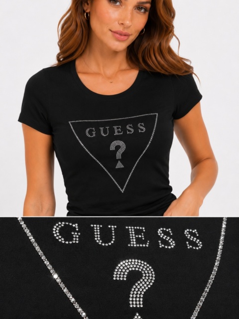 GUESS Carlee Tee czarny T-shirt Damski z Kryształkowym Logo r. S