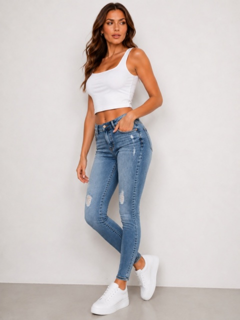 GUESS Jeans Mid Rise Modern Skinny – damskie jeansy niebieskie z przetarciami W31 L32