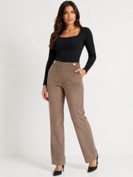 GUESS Lerika Suede Pant – damskie spodnie zamszowe beżowo-taupe L / EU 40