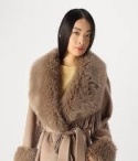 GUESS by Marciano elegancki płaszcz z futrzanym kołnierzem i frędzlami – beżowy / taupe, IT 38 / EU 34