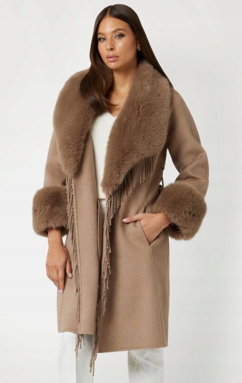 GUESS by Marciano elegancki płaszcz z futrzanym kołnierzem i frędzlami – beżowy / taupe, IT 38 / EU 34