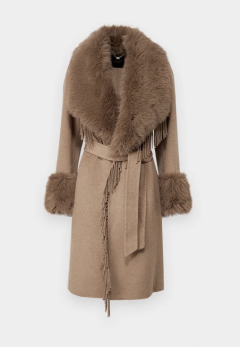 GUESS by Marciano elegancki płaszcz z futrzanym kołnierzem i frędzlami – beżowy / taupe, IT 38 / EU 34